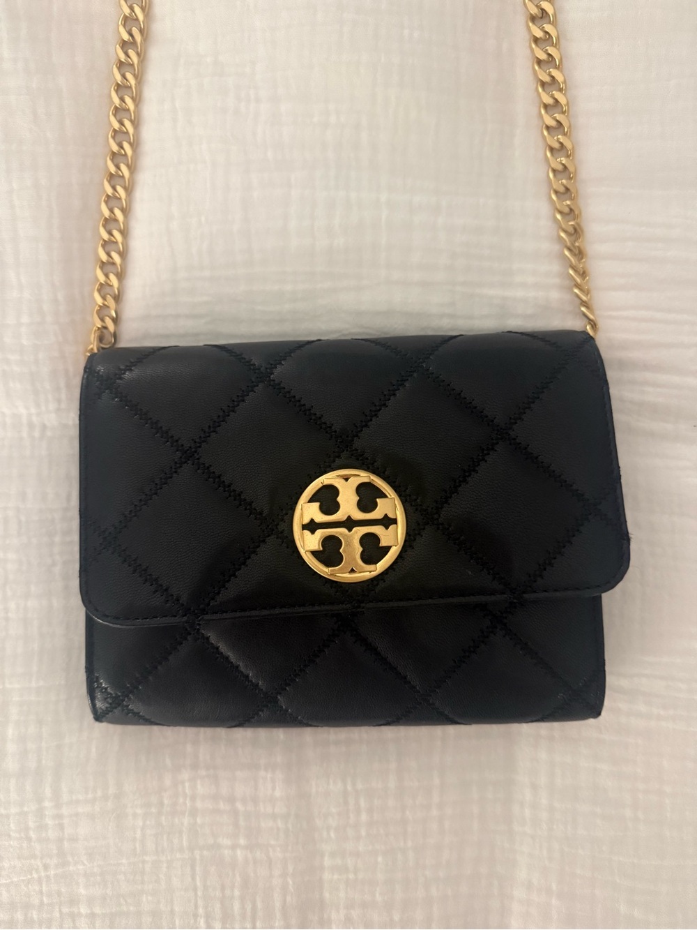 Tory Burch Black Quilted Leather Crossbody with Gold Logo